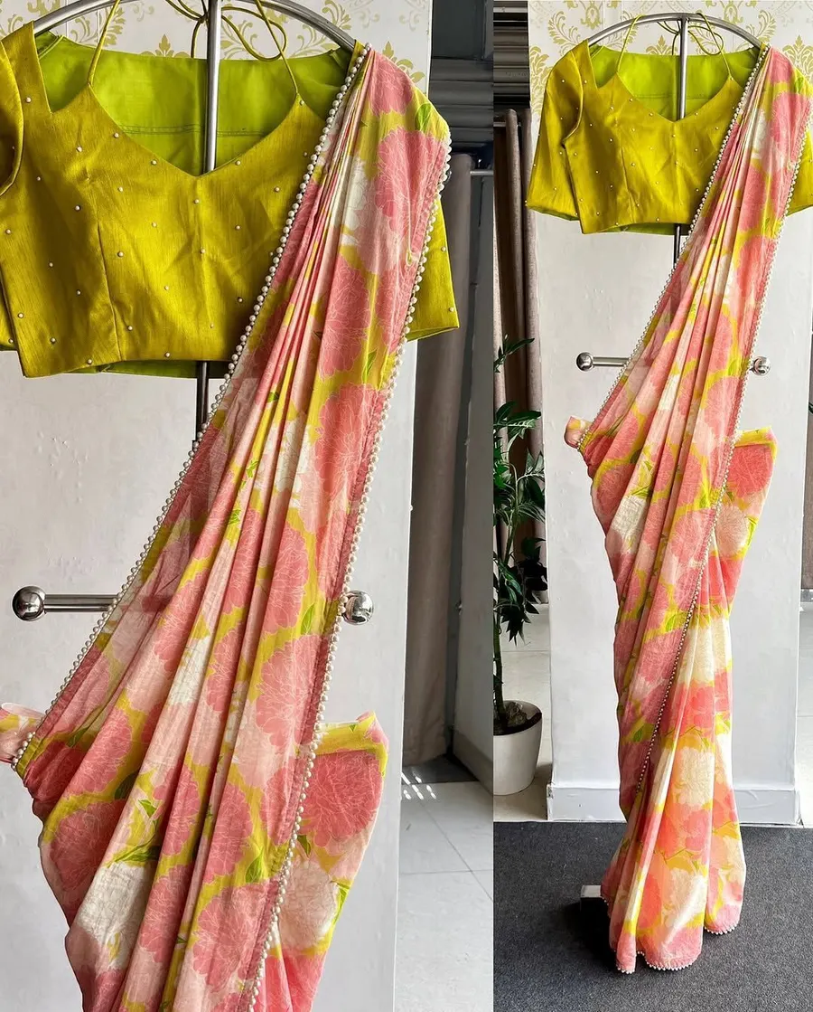 Floral Pearl Linen Slub Saree - Summer Special Collection